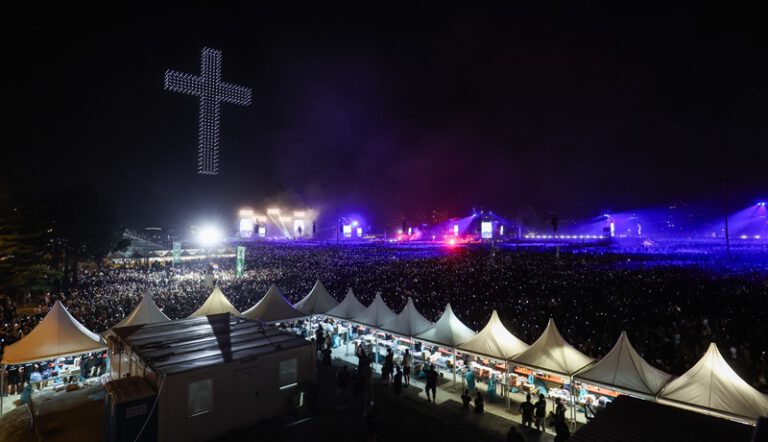 Drone show in the sky shows the figures of Our Lady and other Christian symbols